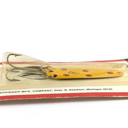 Eppinger Dardevle Sagamore JT Buel Klicker, Amarillo con Motas Granates, 7g, Cucharilla #23023