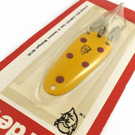 Eppinger Dardevle Sagamore JT Buel Klicker, Amarillo con Motas Granates, 7g, Cucharilla #23023