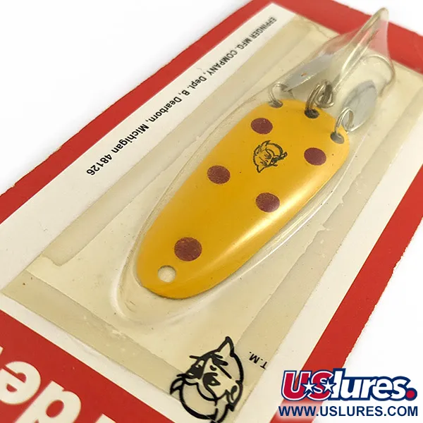 Eppinger Dardevle Sagamore JT Buel Klicker, Amarillo con Motas Granates, 7g, Cucharilla #23023