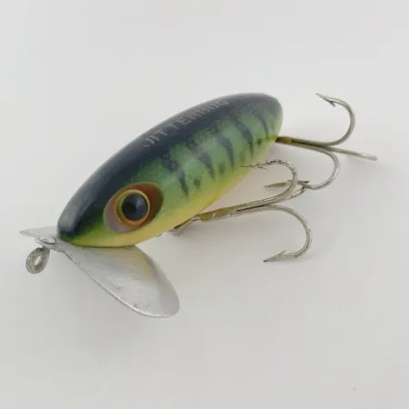 Fred Arbogast Jitterbug Early Bug Eye, 14g Green Tiger, Señuelo de Superficie #23902