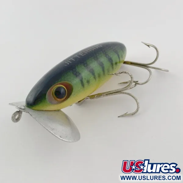Fred Arbogast Jitterbug Early Bug Eye, 14g Green Tiger, Señuelo de Superficie #23902