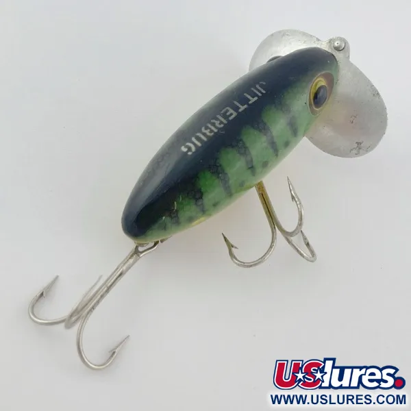 Fred Arbogast Jitterbug Early Bug Eye, 14g Green Tiger, Señuelo de Superficie #23902