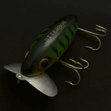 Fred Arbogast Jitterbug Early Bug Eye, 14g Green Tiger, Señuelo de Superficie #23902