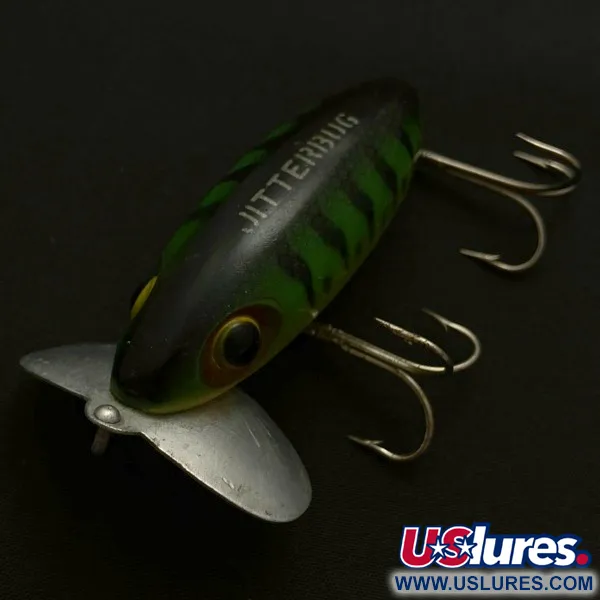 Fred Arbogast Jitterbug Early Bug Eye, 14g Green Tiger, Señuelo de Superficie #23902