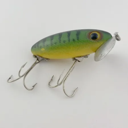 Fred Arbogast Jitterbug Early Bug Eye, 14g Green Tiger, Señuelo de Superficie #23902