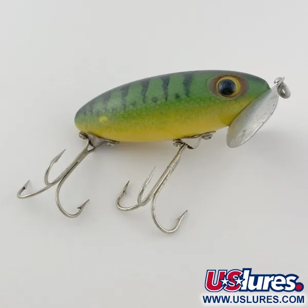 Fred Arbogast Jitterbug Early Bug Eye, 14g Green Tiger, Señuelo de Superficie #23902